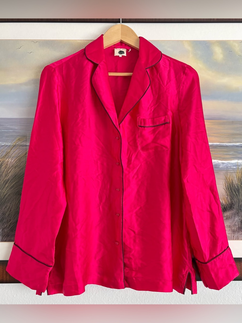 Floreat Fuchsia Pink 100% Silk Pajama Top Button Down Blouse Size M